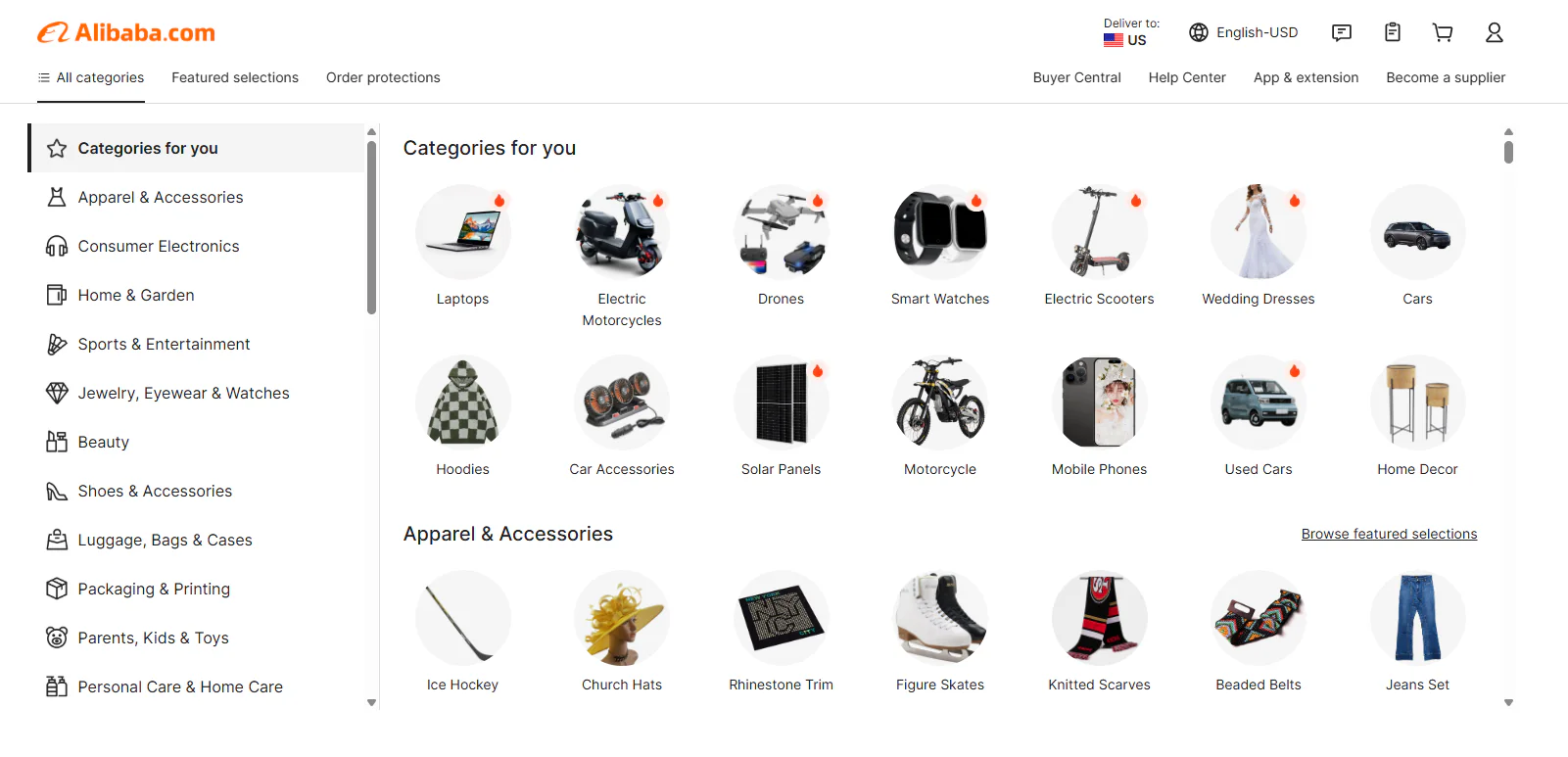 categories and suppliers on Alibaba
