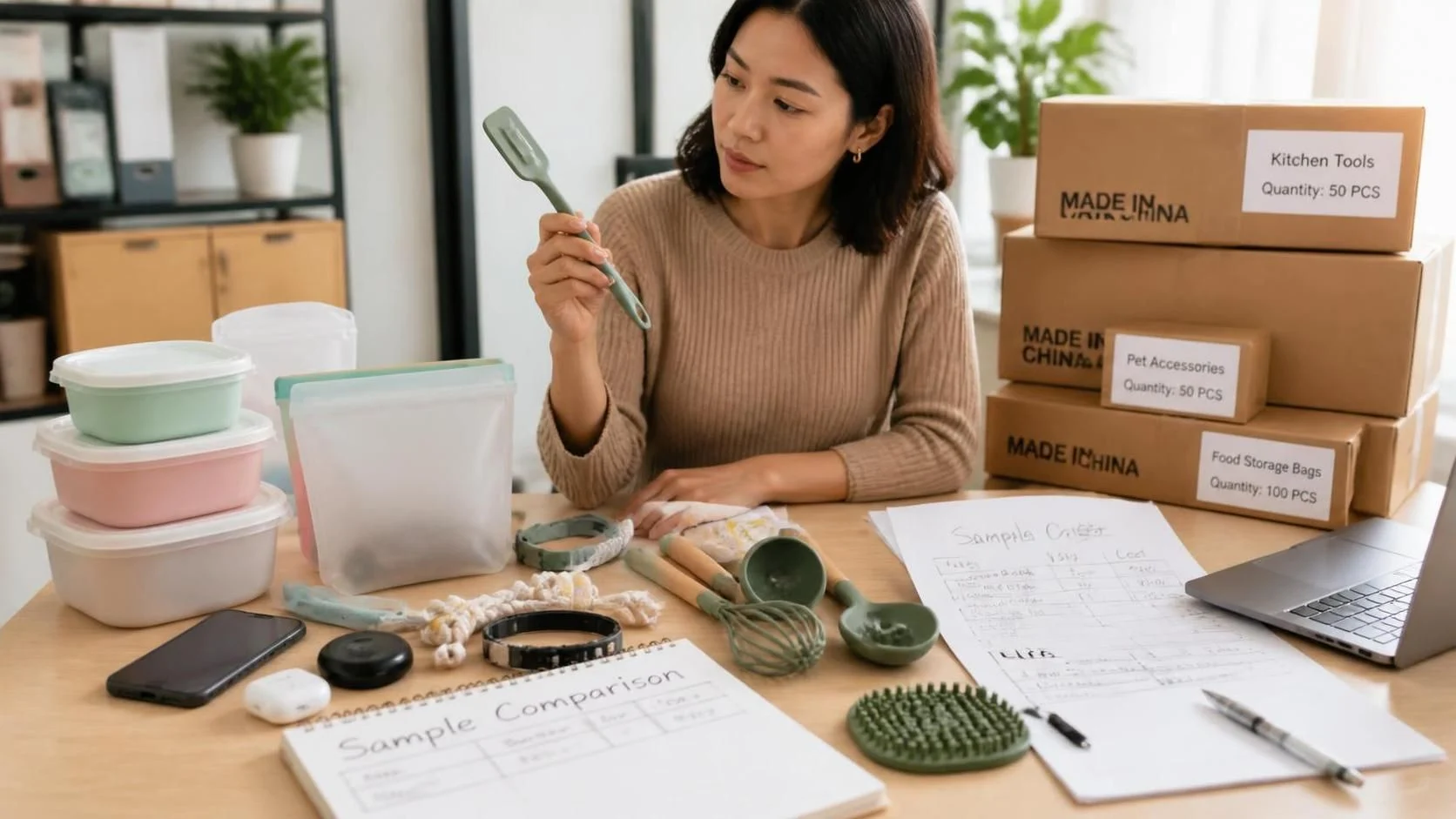 Buyer reviewing product samples and import opportunities from China