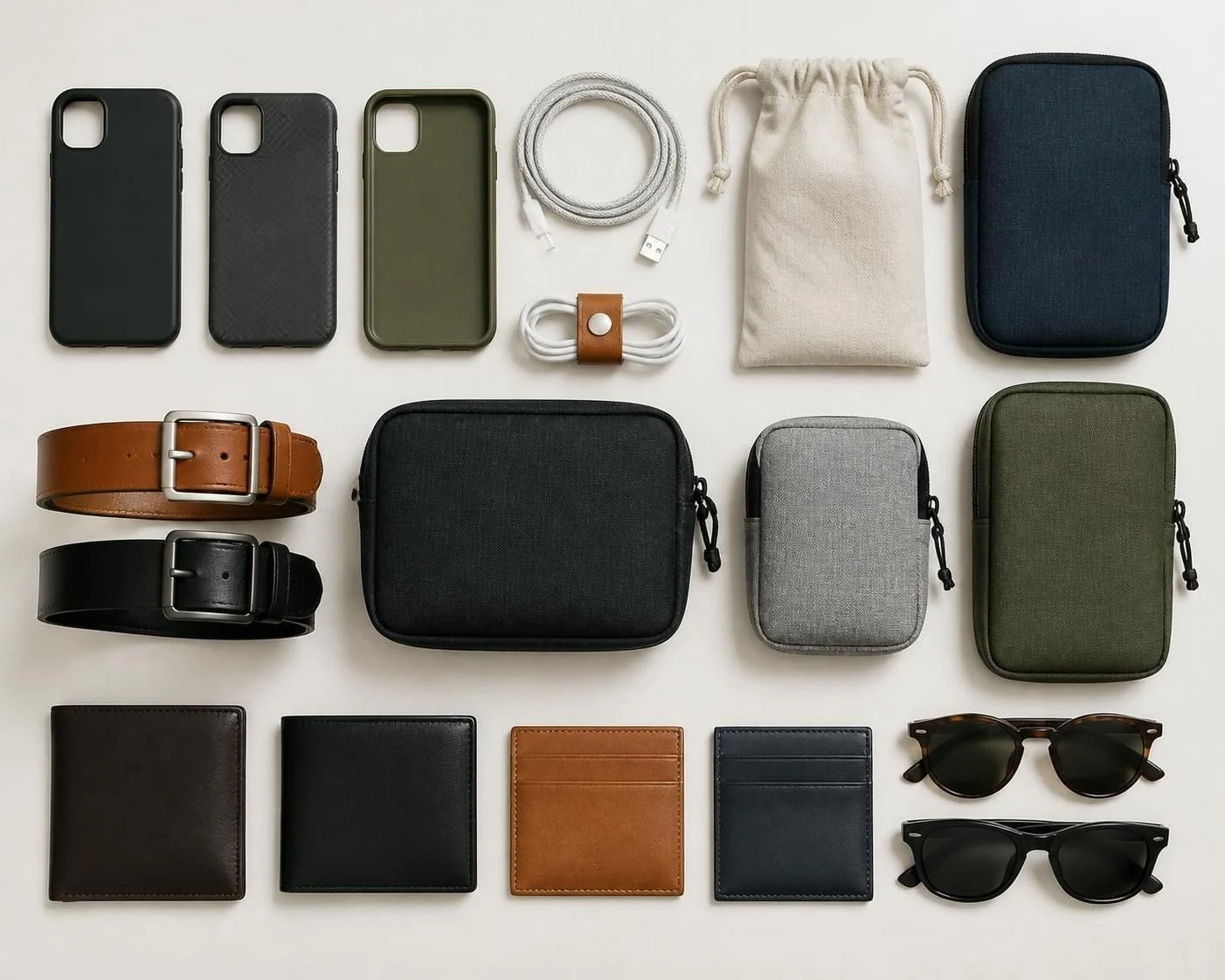 Phone cases, charging cables, pouches, belts, and sunglasses laid out as accessory sourcing options from China