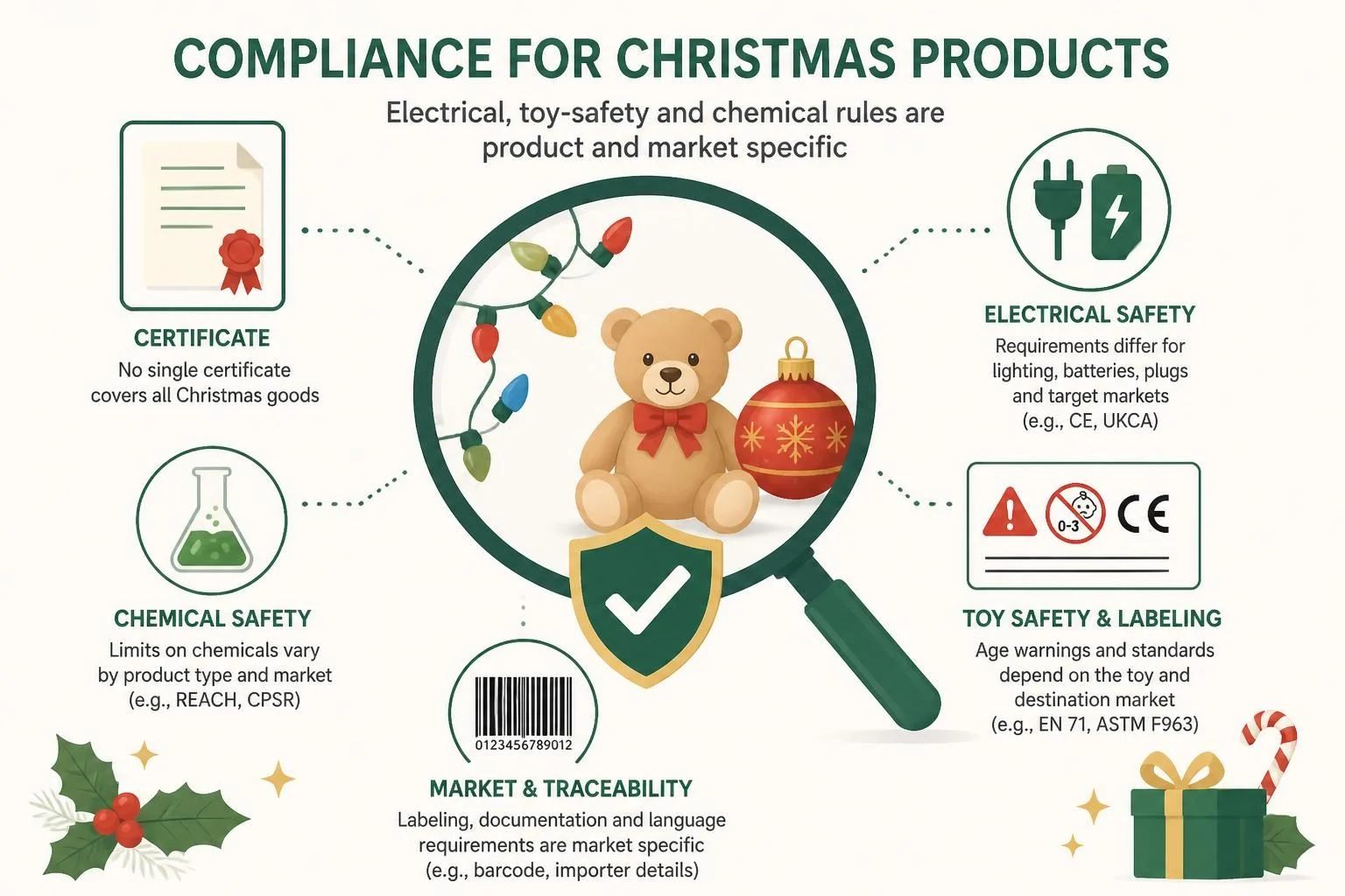 Electrical, toy-safety and chemical rules for Christmas goods are product and market specific
