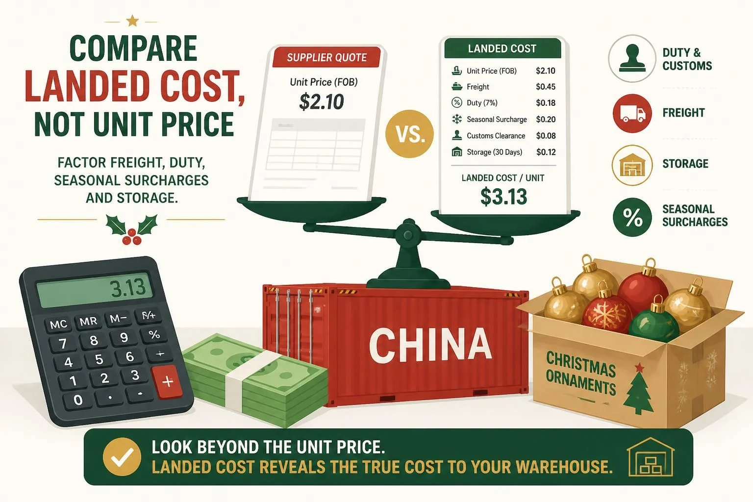 Compare landed cost for Christmas imports, including freight, duty, seasonal surcharges and storage
