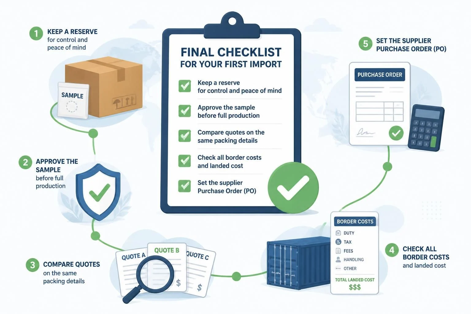 Keep a reserve, approve the sample, compare quotes on the same packing details, and check border costs before setting the supplier PO