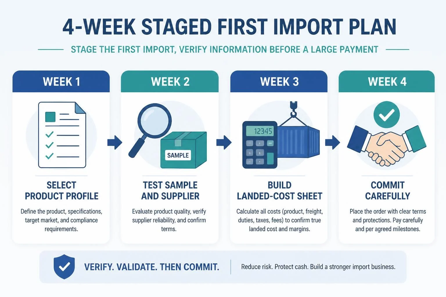 Stage the first import: select a product, test sample and supplier, build the landed-cost sheet, then commit carefully