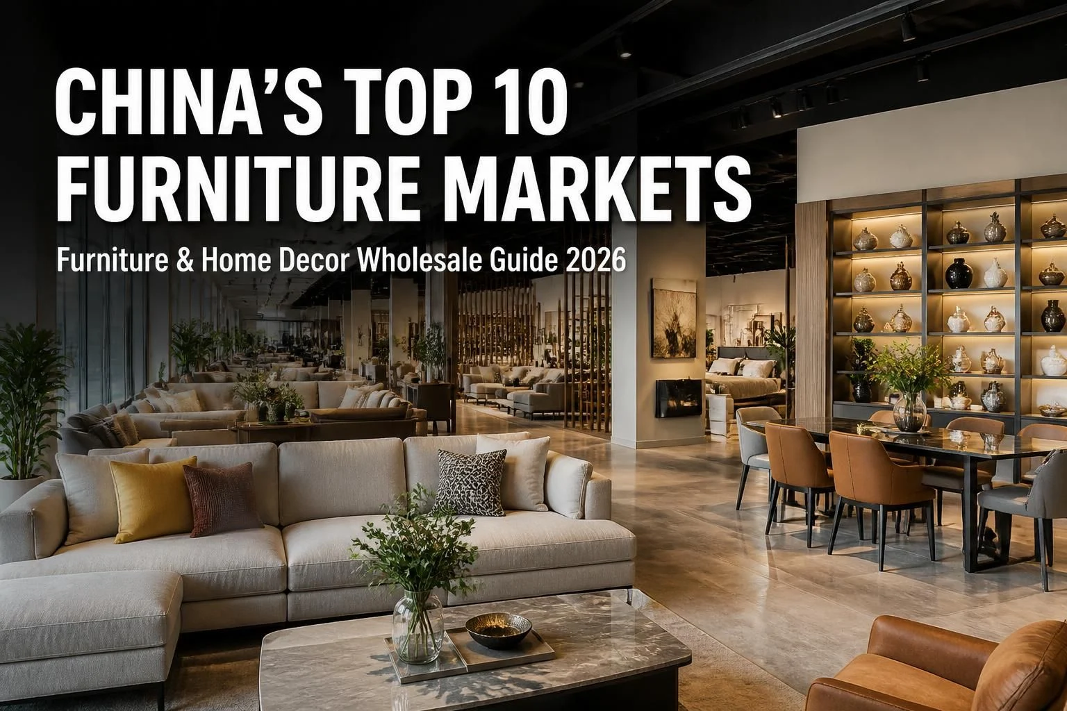 Cover: China's Top 10 Furniture Markets — Furniture and Home Decor Wholesale Guide 2026, over a furniture showroom scene