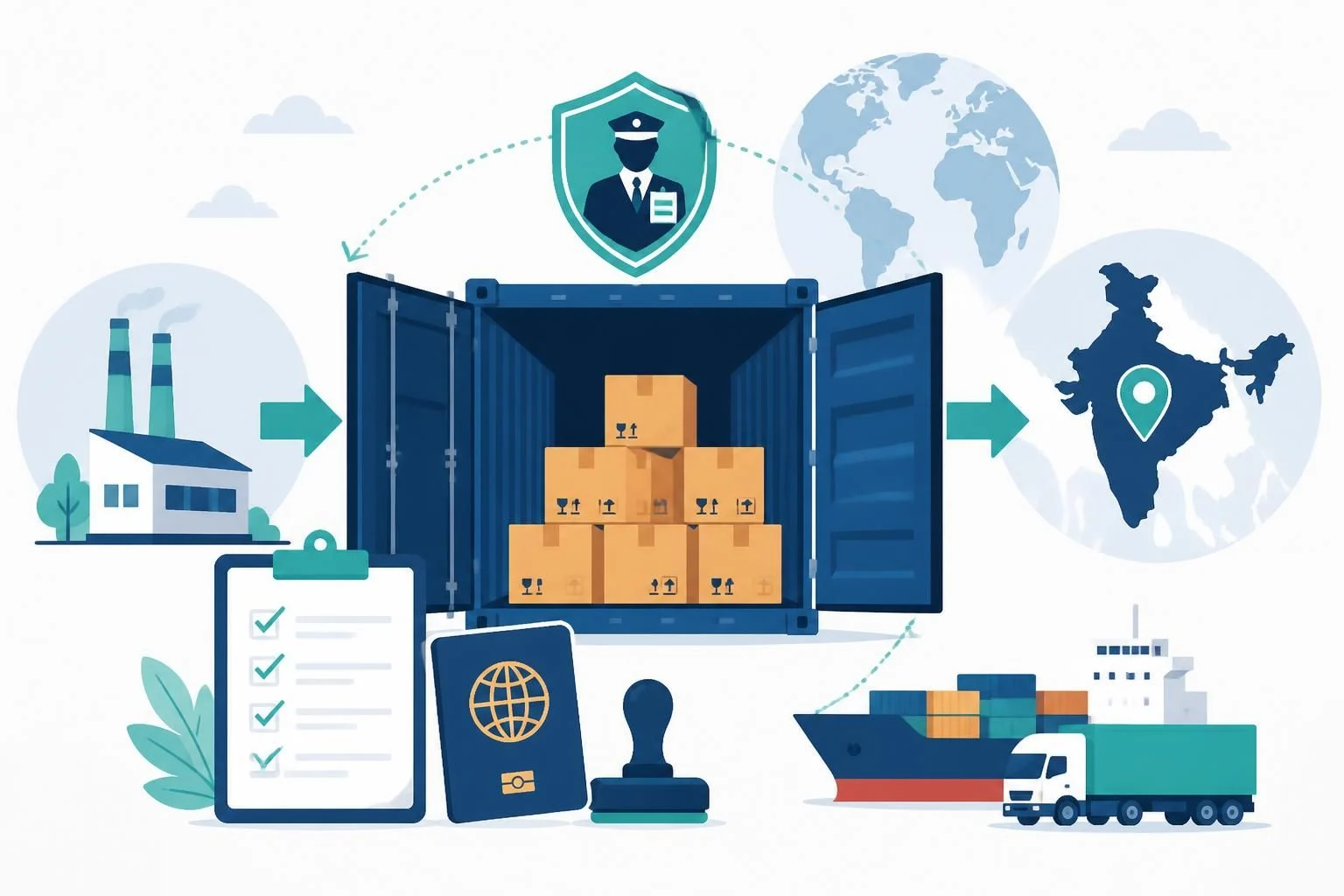 Customs clearance for China imports: opened shipping container, stamps and international delivery