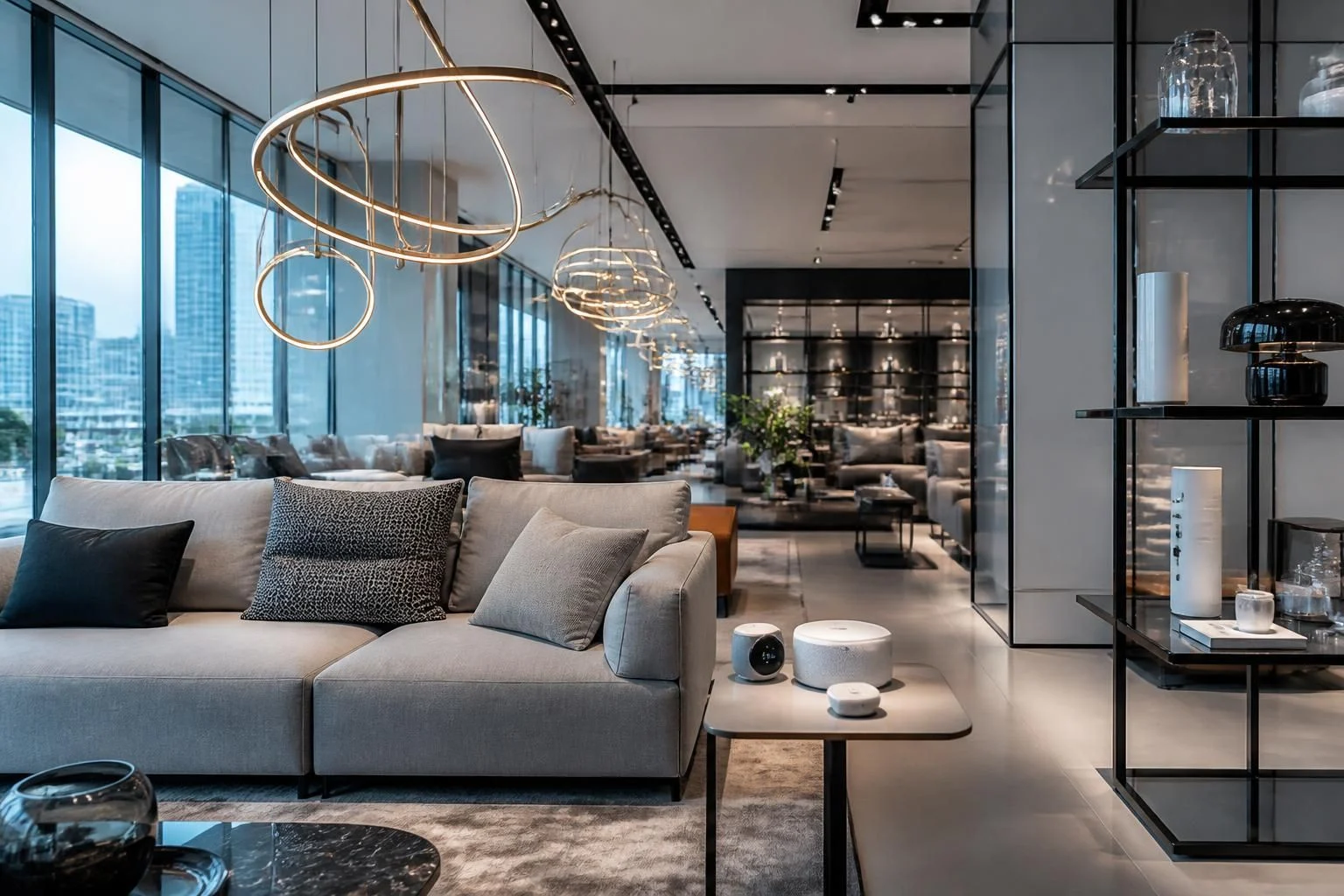 Contemporary design furniture showroom with minimalist sofas, metal shelving and sculptural lighting