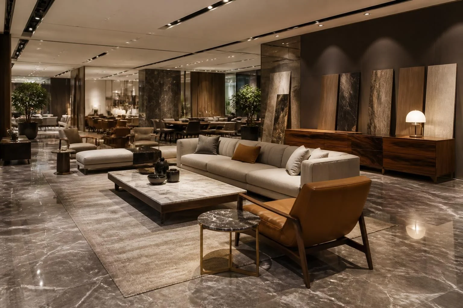 Premium project-furniture showroom with high-end sofas, veneer sideboards and stone tables