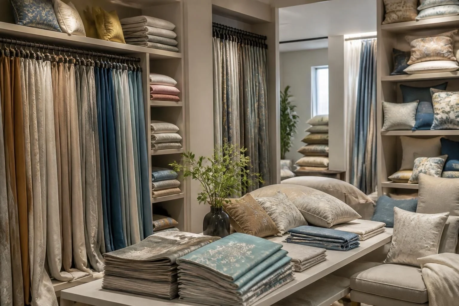 Soft furnishings showroom with curtains, bedding, cushions and fabric swatch books