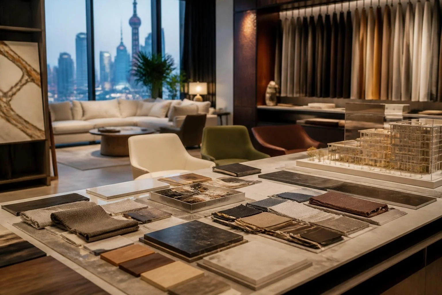 Upscale interior design showroom with premium furniture, finish boards and fabric swatches