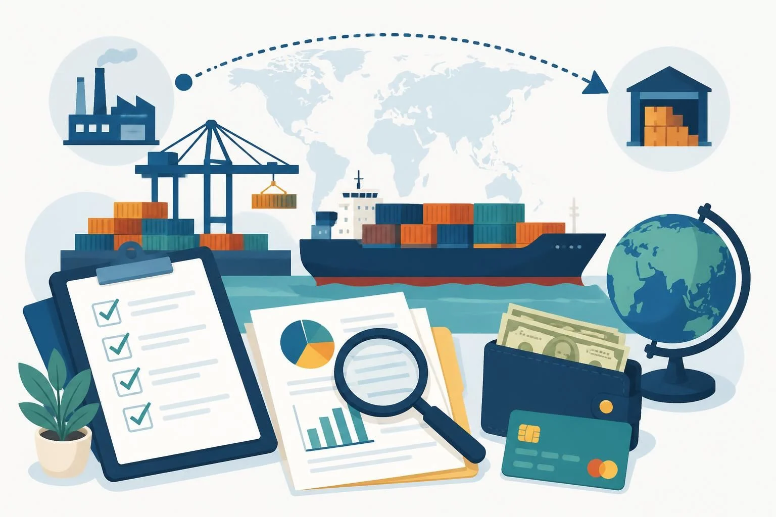Importing goods from China: container ship at port with checklists and global trade logistics