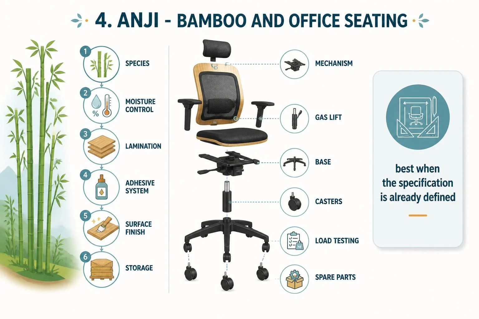 Anji bamboo and office seating: processing steps and office chair components
