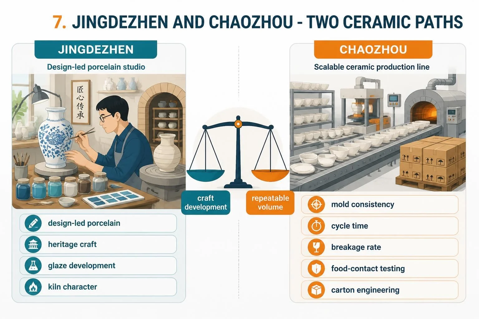 Jingdezhen design-led porcelain vs Chaozhou scalable ceramic production